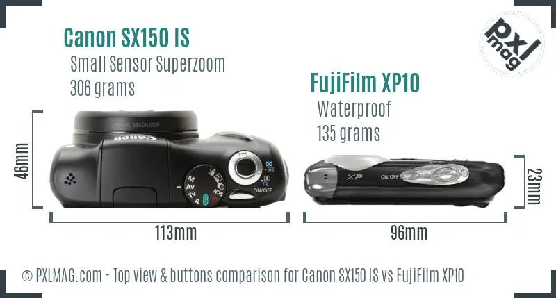 Canon SX150 IS vs FujiFilm XP10 top view buttons comparison Canon SX150 IS vs FujiFilm XP10 top view buttons comparison