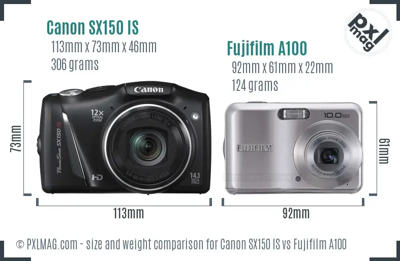 Canon SX150 IS vs Fujifilm A100 size comparison