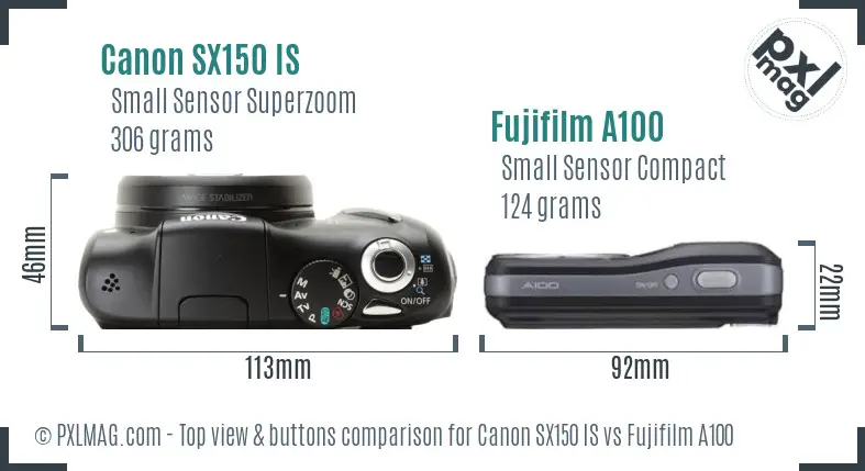 Canon SX150 IS vs Fujifilm A100 top view buttons comparison