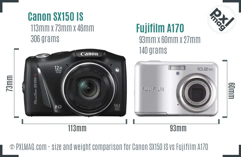 Canon SX150 IS vs Fujifilm A170 size comparison Canon SX150 IS vs Fujifilm A170 size comparison