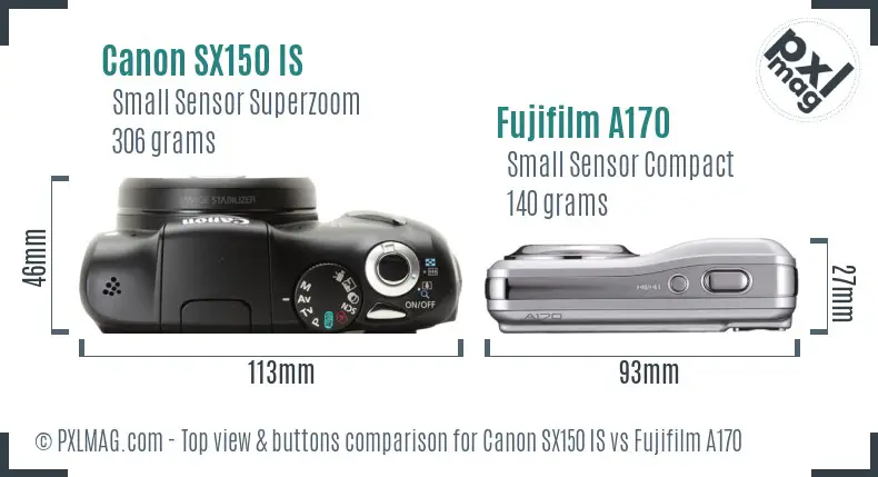 Canon SX150 IS vs Fujifilm A170 top view buttons comparison Canon SX150 IS vs Fujifilm A170 top view buttons comparison