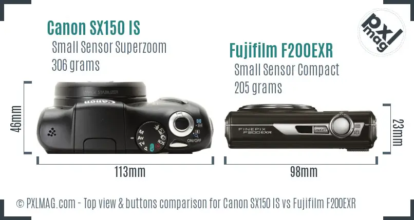 Canon SX150 IS vs Fujifilm F200EXR top view buttons comparison Canon SX150 IS vs Fujifilm F200EXR top view buttons comparison