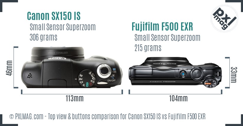 Canon SX150 IS vs Fujifilm F500 EXR top view buttons comparison