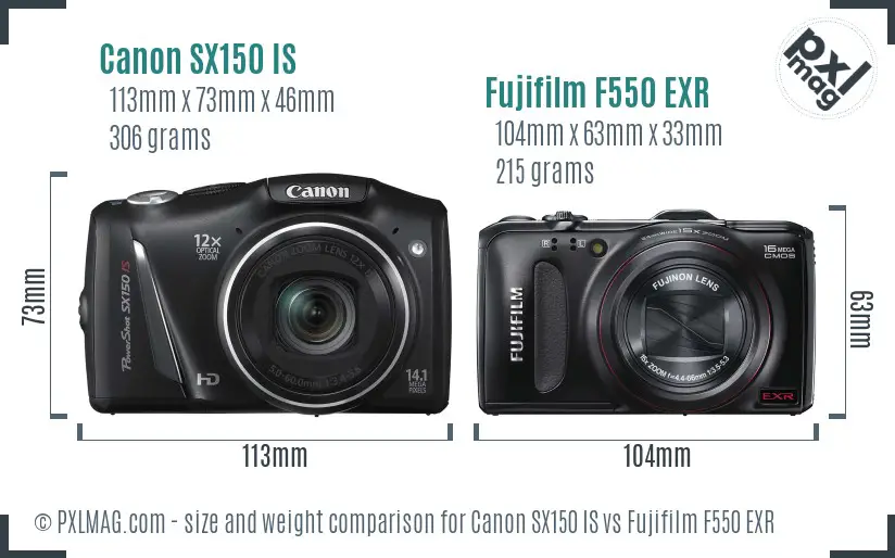 Canon SX150 IS vs Fujifilm F550 EXR size comparison Canon SX150 IS vs Fujifilm F550 EXR size comparison