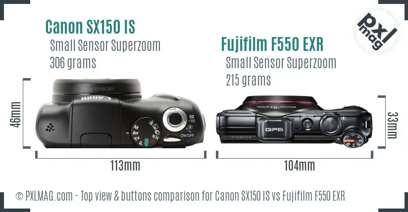 Canon SX150 IS vs Fujifilm F550 EXR top view buttons comparison Canon SX150 IS vs Fujifilm F550 EXR top view buttons comparison