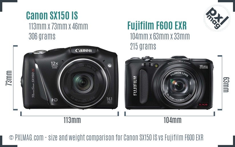 Canon SX150 IS vs Fujifilm F600 EXR size comparison