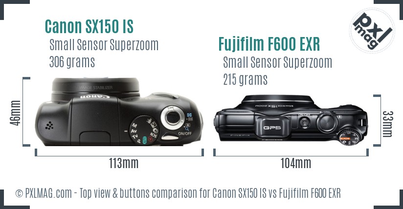 Canon SX150 IS vs Fujifilm F600 EXR top view buttons comparison