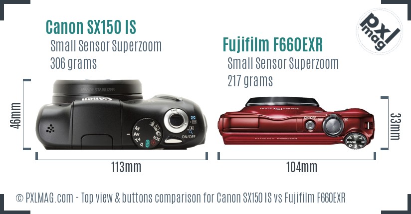Canon SX150 IS vs Fujifilm F660EXR top view buttons comparison