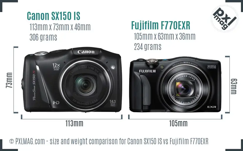 Canon SX150 IS vs Fujifilm F770EXR size comparison