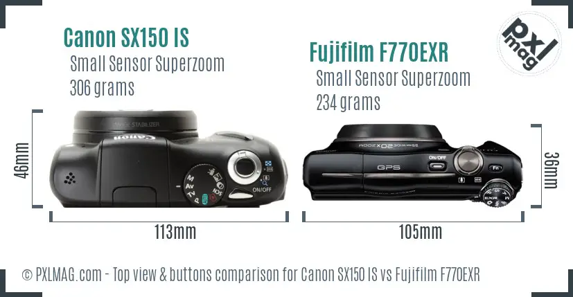 Canon SX150 IS vs Fujifilm F770EXR top view buttons comparison