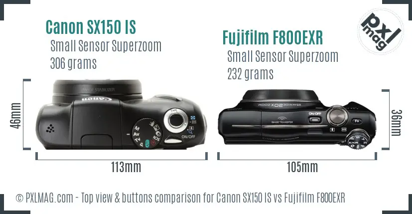 Canon SX150 IS vs Fujifilm F800EXR top view buttons comparison Canon SX150 IS vs Fujifilm F800EXR top view buttons comparison