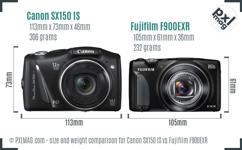 Canon SX150 IS vs Fujifilm F900EXR size comparison