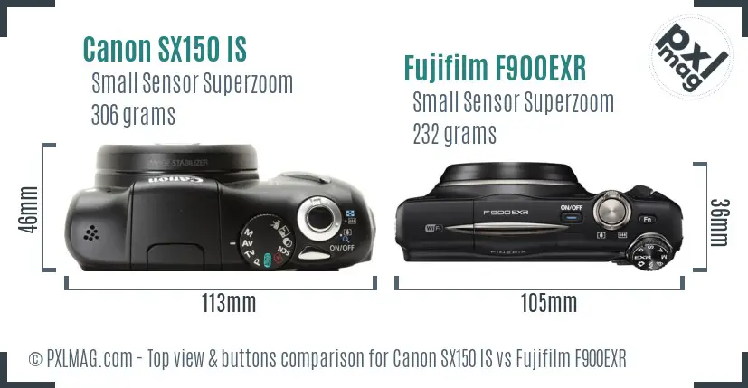 Canon SX150 IS vs Fujifilm F900EXR top view buttons comparison