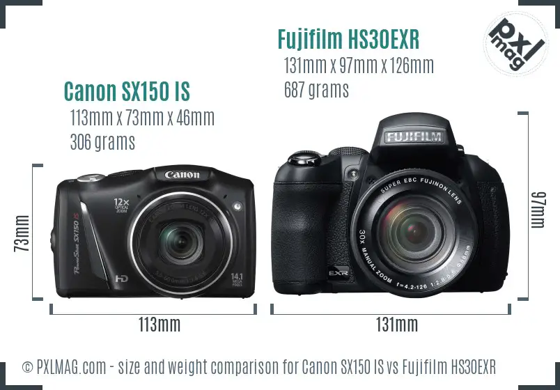 Canon SX150 IS vs Fujifilm HS30EXR size comparison