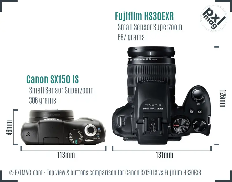 Canon SX150 IS vs Fujifilm HS30EXR top view buttons comparison