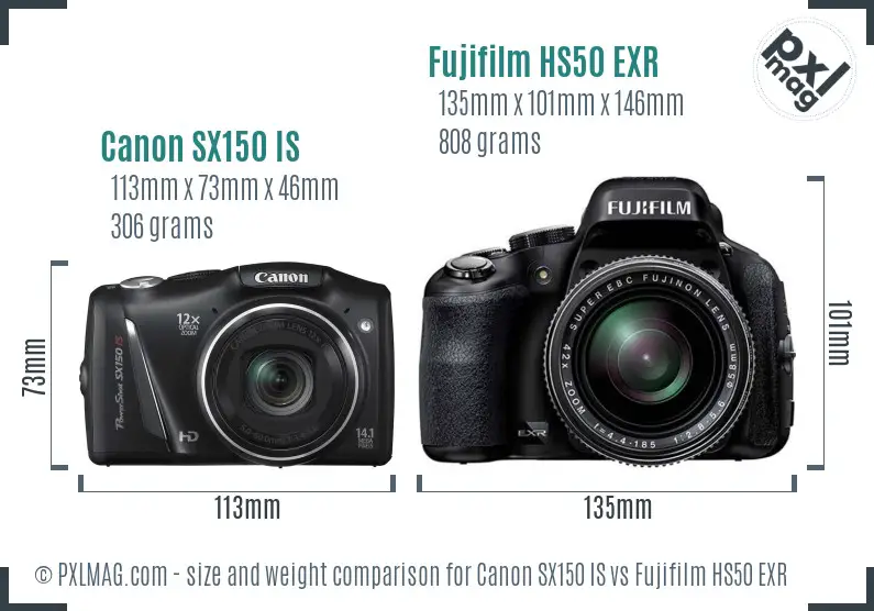 Canon SX150 IS vs Fujifilm HS50 EXR size comparison