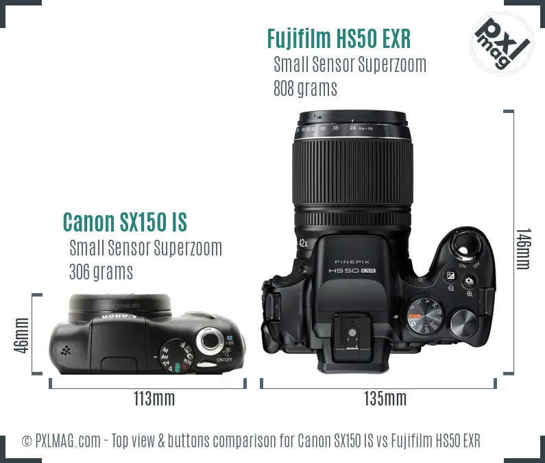 Canon SX150 IS vs Fujifilm HS50 EXR top view buttons comparison