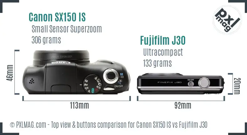 Canon SX150 IS vs Fujifilm J30 top view buttons comparison Canon SX150 IS vs Fujifilm J30 top view buttons comparison