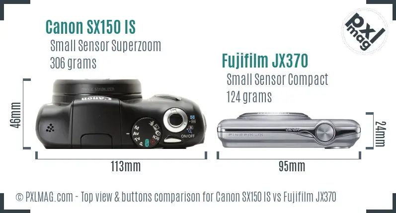 Canon SX150 IS vs Fujifilm JX370 top view buttons comparison Canon SX150 IS vs Fujifilm JX370 top view buttons comparison