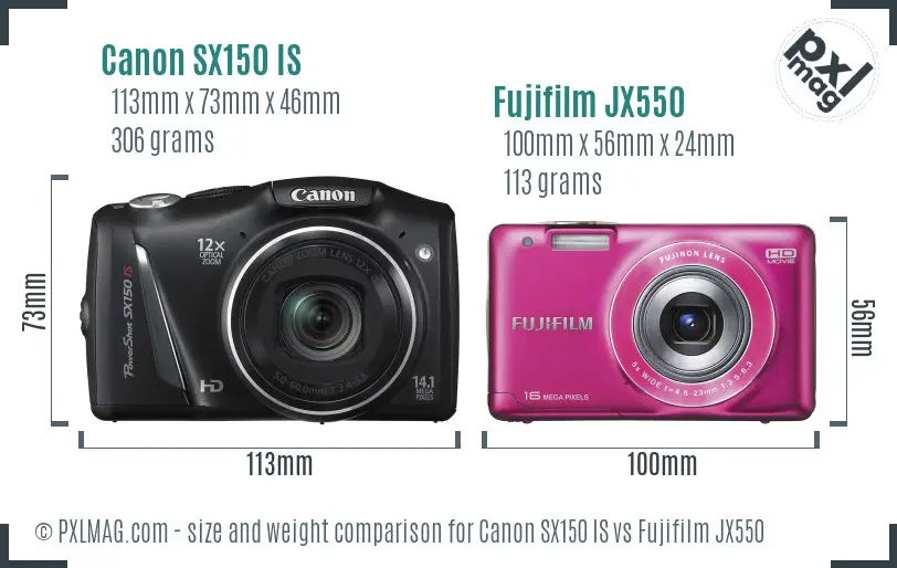 Canon SX150 IS vs Fujifilm JX550 size comparison