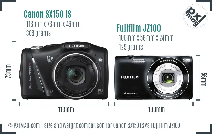 Canon SX150 IS vs Fujifilm JZ100 size comparison Canon SX150 IS vs Fujifilm JZ100 size comparison