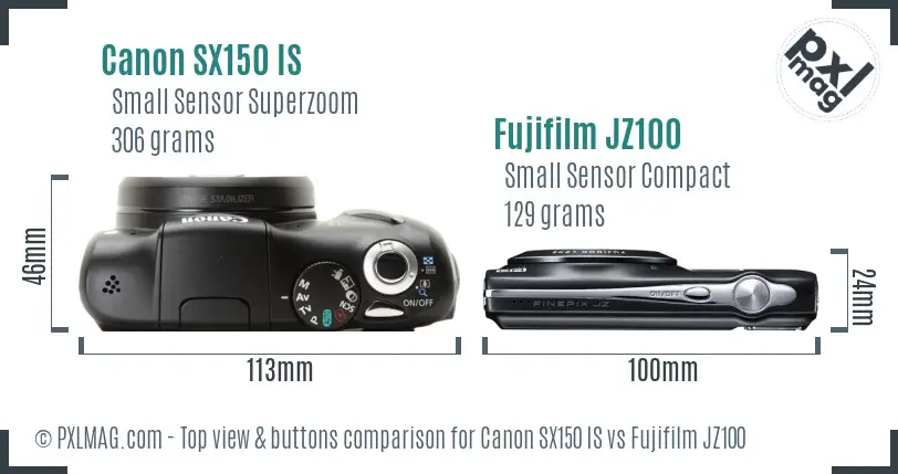 Canon SX150 IS vs Fujifilm JZ100 top view buttons comparison Canon SX150 IS vs Fujifilm JZ100 top view buttons comparison