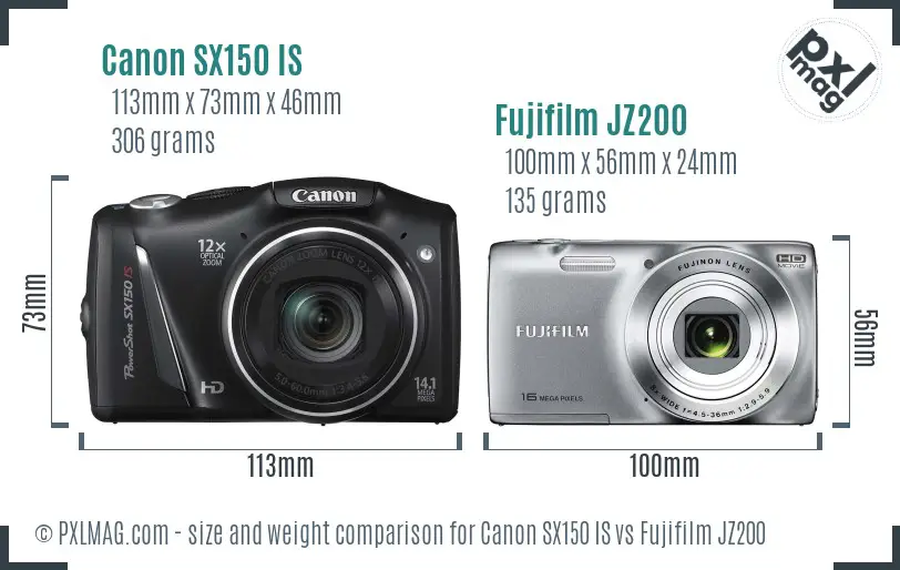 Canon SX150 IS vs Fujifilm JZ200 size comparison