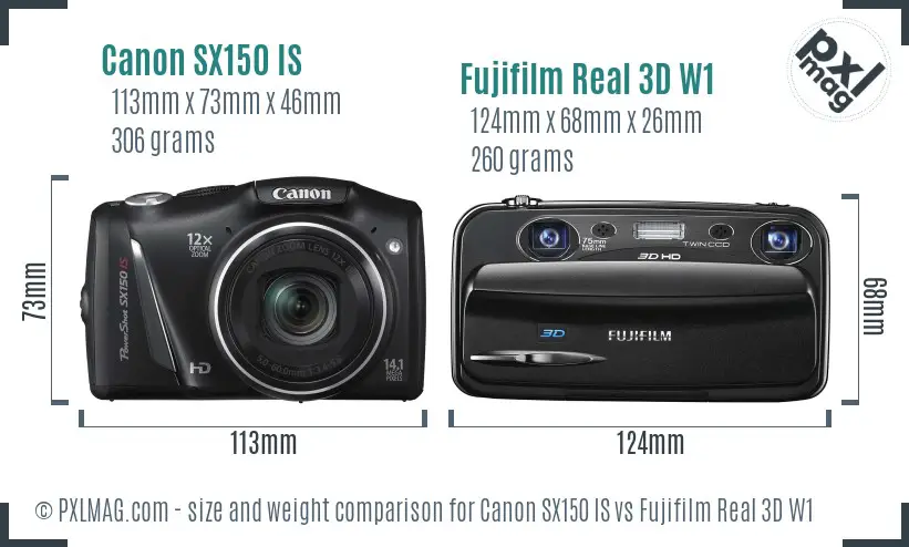 Canon SX150 IS vs Fujifilm Real 3D W1 size comparison Canon SX150 IS vs Fujifilm Real 3D W1 size comparison