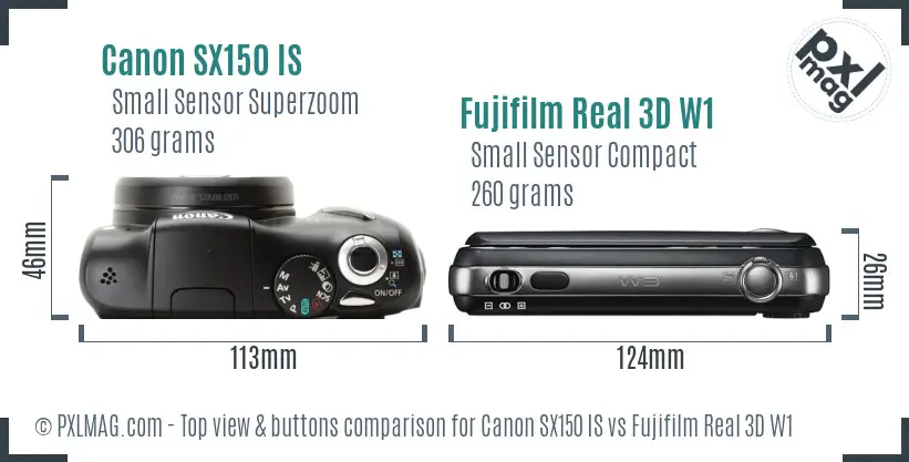 Canon SX150 IS vs Fujifilm Real 3D W1 top view buttons comparison Canon SX150 IS vs Fujifilm Real 3D W1 top view buttons comparison