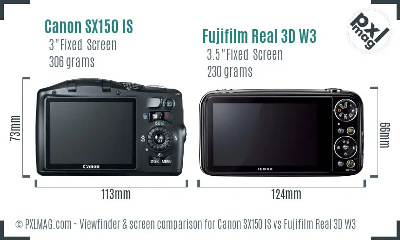 Canon SX150 IS vs Fujifilm Real 3D W3 Screen and Viewfinder comparison