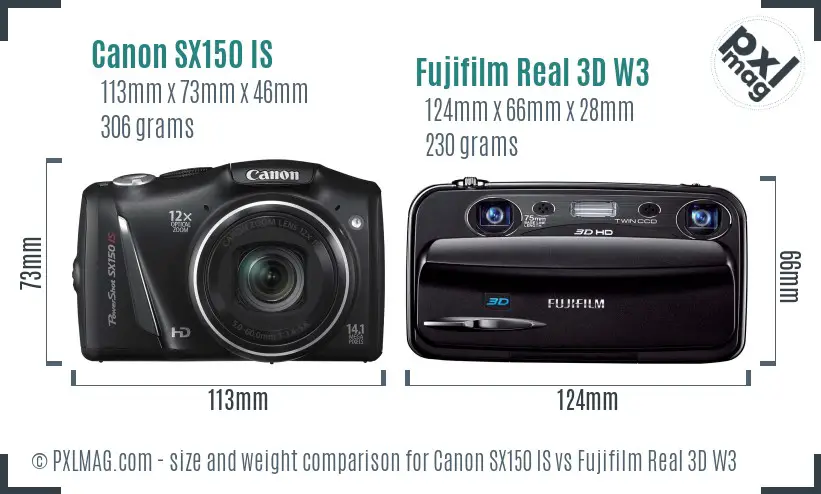 Canon SX150 IS vs Fujifilm Real 3D W3 size comparison