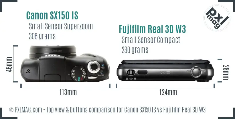 Canon SX150 IS vs Fujifilm Real 3D W3 top view buttons comparison