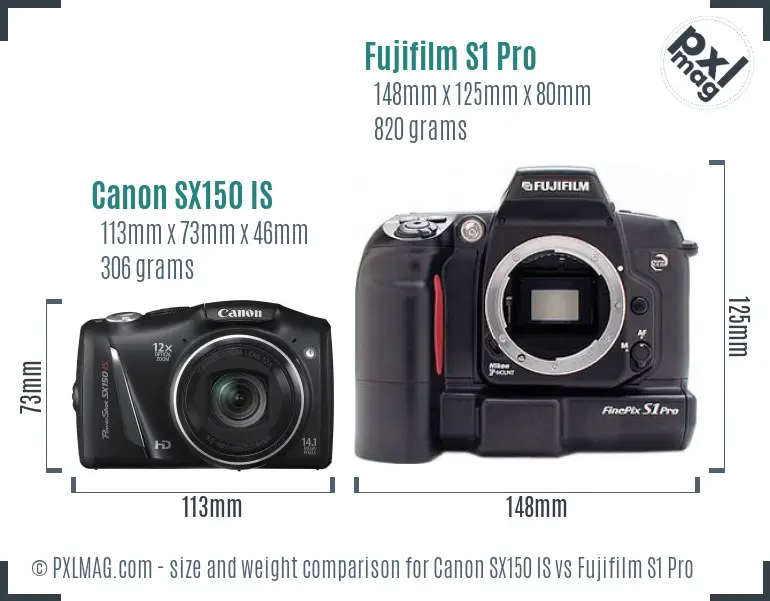 Canon SX150 IS vs Fujifilm S1 Pro size comparison