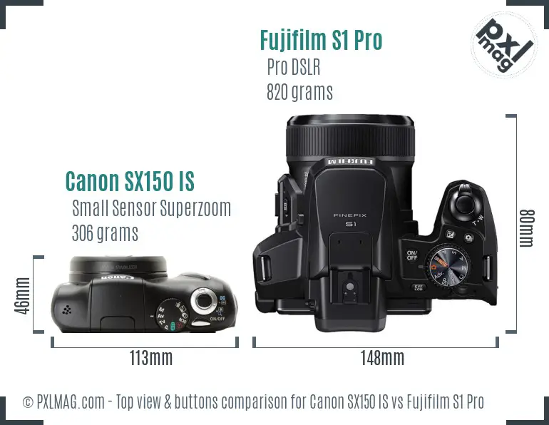 Canon SX150 IS vs Fujifilm S1 Pro top view buttons comparison