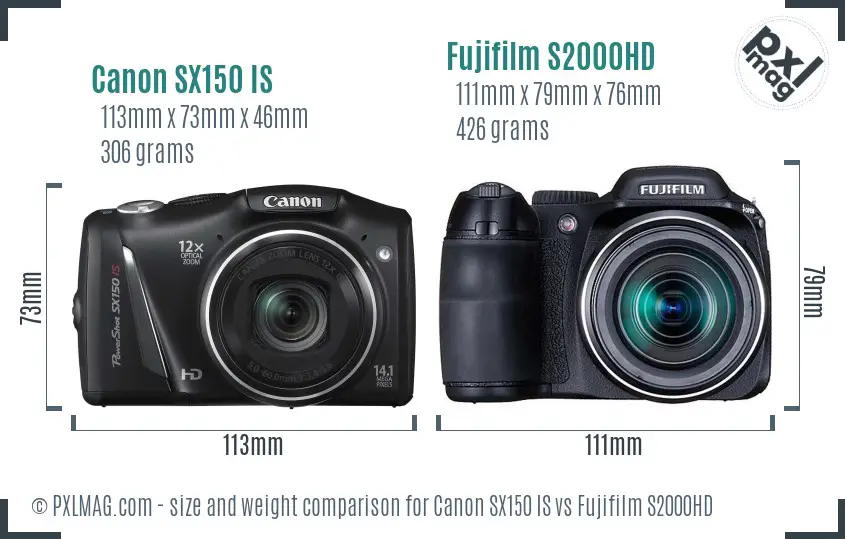 Canon SX150 IS vs Fujifilm S2000HD size comparison