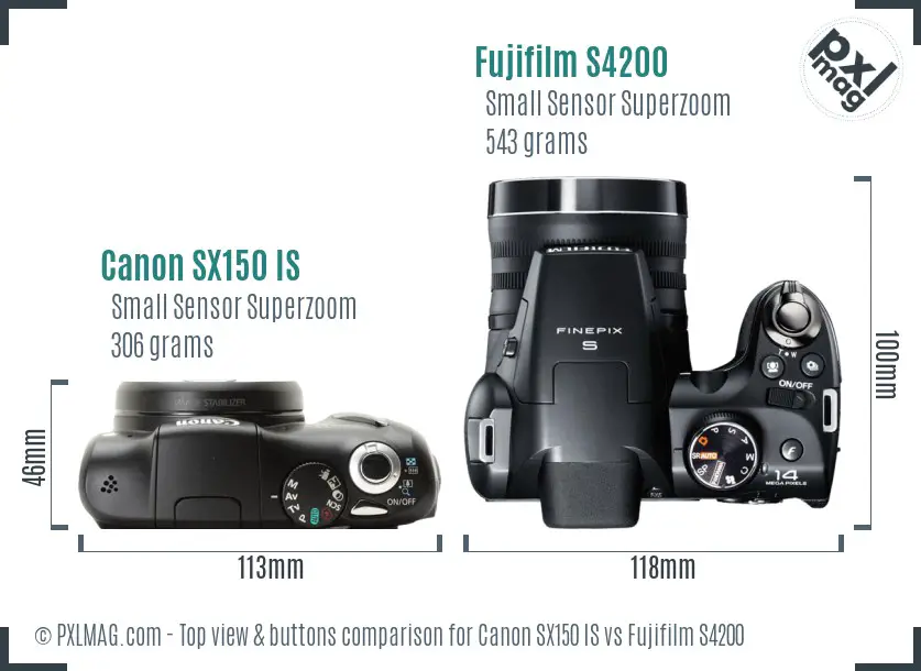 Canon SX150 IS vs Fujifilm S4200 top view buttons comparison Canon SX150 IS vs Fujifilm S4200 top view buttons comparison