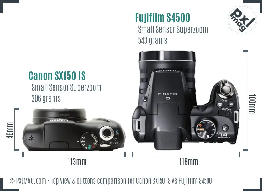 Canon SX150 IS vs Fujifilm S4500 top view buttons comparison