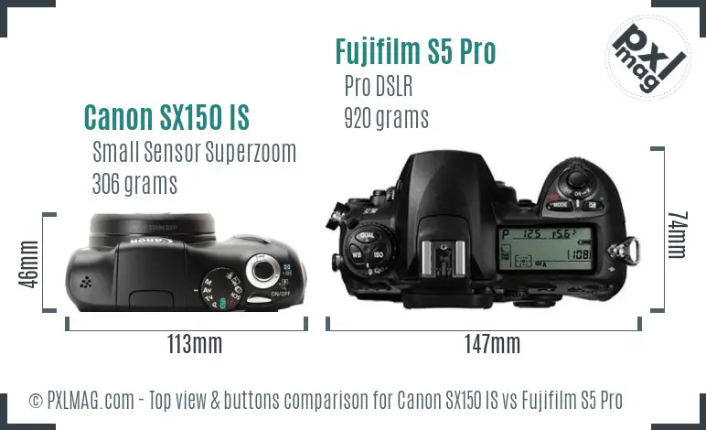 Canon SX150 IS vs Fujifilm S5 Pro top view buttons comparison Canon SX150 IS vs Fujifilm S5 Pro top view buttons comparison