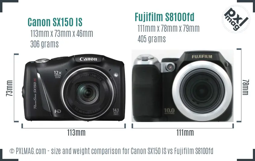 Canon SX150 IS vs Fujifilm S8100fd size comparison