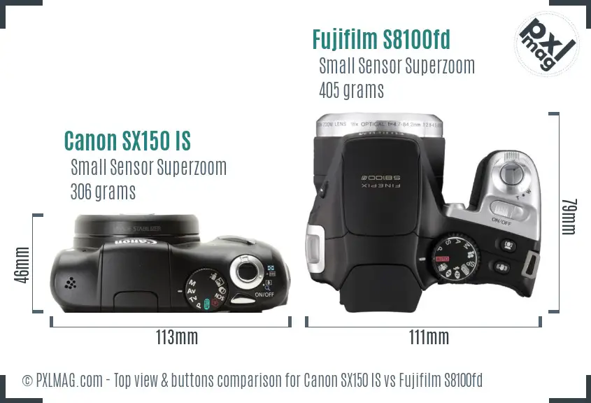 Canon SX150 IS vs Fujifilm S8100fd top view buttons comparison