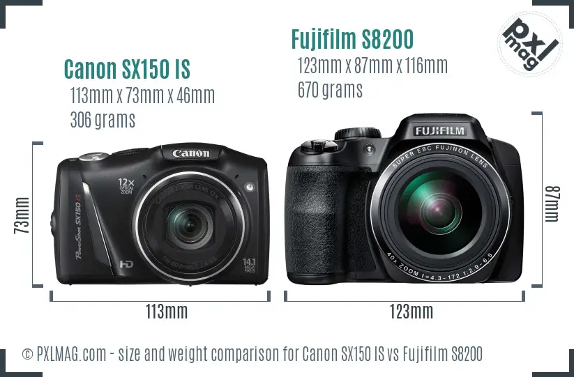 Canon SX150 IS vs Fujifilm S8200 size comparison
