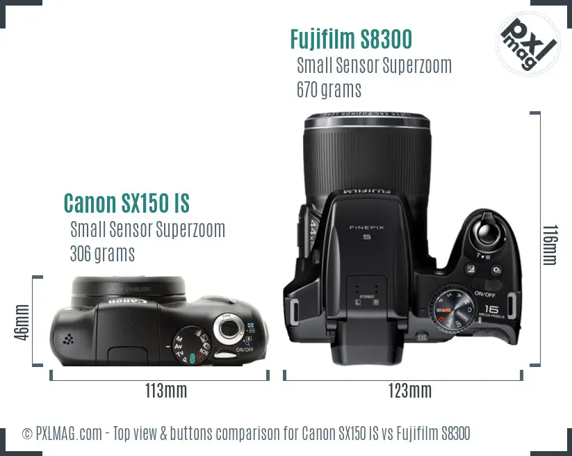 Canon SX150 IS vs Fujifilm S8300 top view buttons comparison