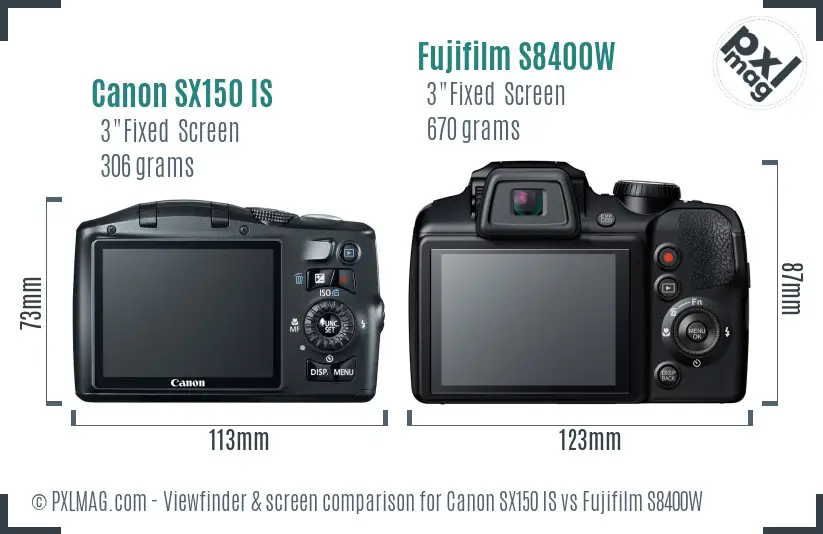 Canon SX150 IS vs Fujifilm S8400W Screen and Viewfinder comparison