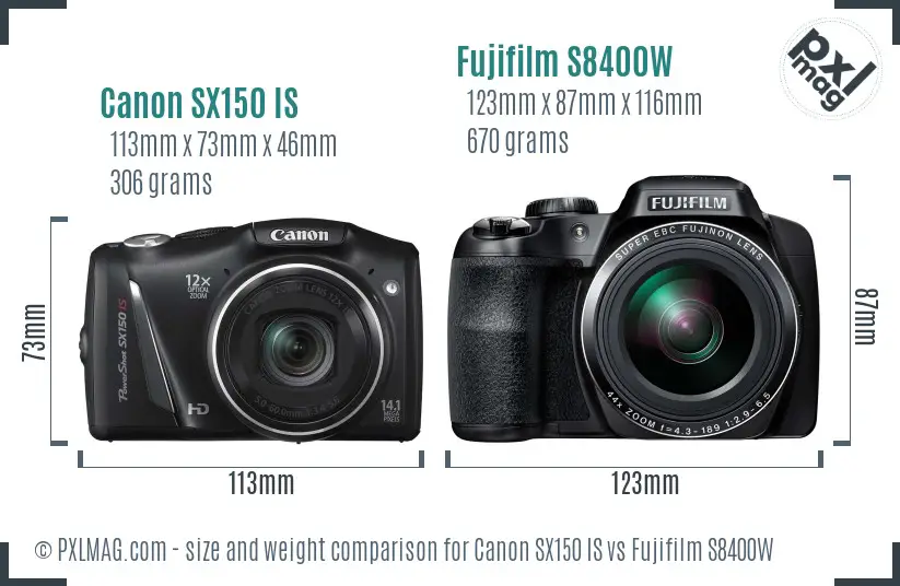Canon SX150 IS vs Fujifilm S8400W size comparison