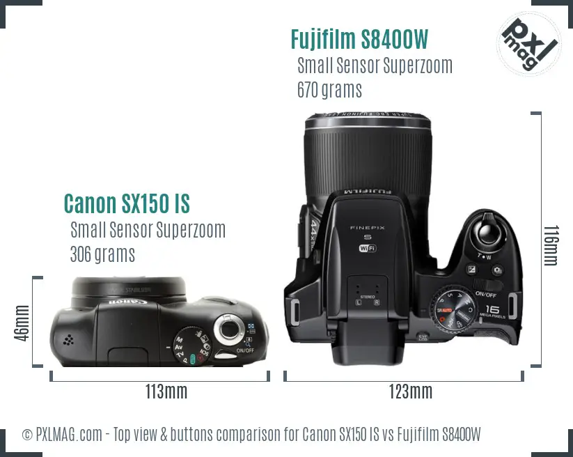 Canon SX150 IS vs Fujifilm S8400W top view buttons comparison