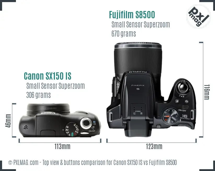 Canon SX150 IS vs Fujifilm S8500 top view buttons comparison