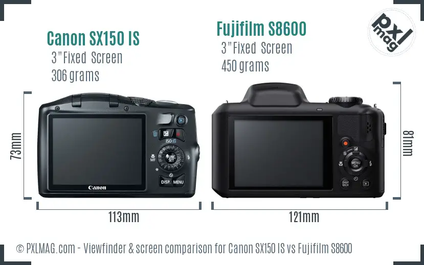 Canon SX150 IS vs Fujifilm S8600 Screen and Viewfinder comparison