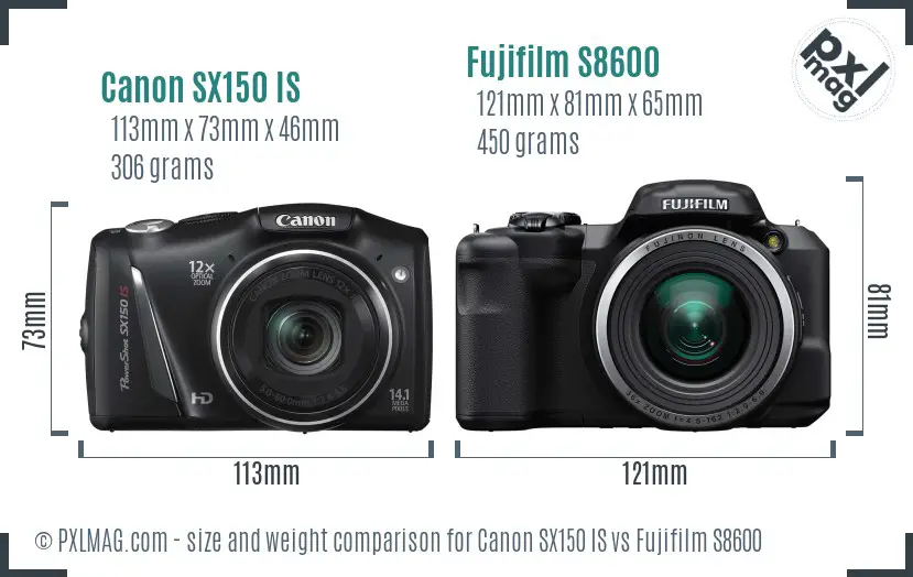 Canon SX150 IS vs Fujifilm S8600 size comparison