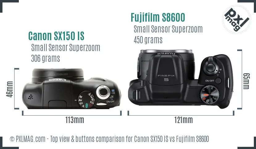 Canon SX150 IS vs Fujifilm S8600 top view buttons comparison