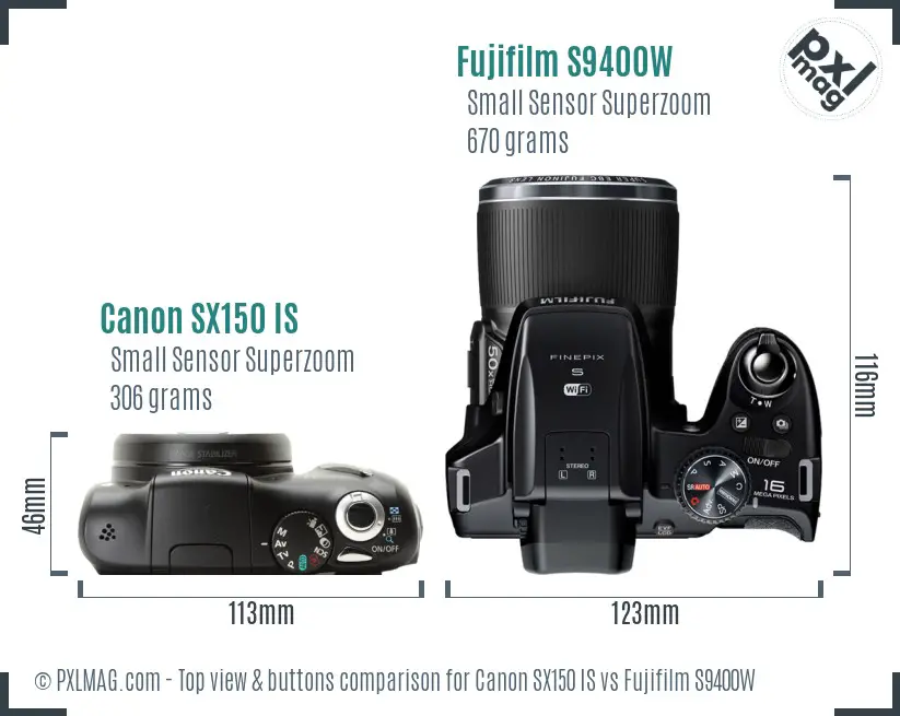 Canon SX150 IS vs Fujifilm S9400W top view buttons comparison Canon SX150 IS vs Fujifilm S9400W top view buttons comparison